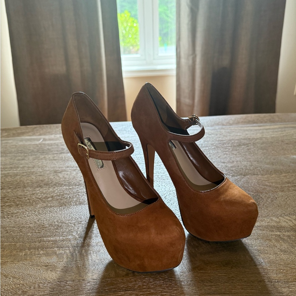 H by Halston Brown Suede Mary Jane Platform Heels